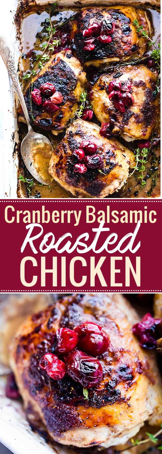 Balsamic Roasted Chicken with Cranberries prepped and cooked in ONE PAN! Yes, your holiday table is complete. This Paleo Cranberry Balsamic Roasted Chicken is a simple yet healthy dinner. A sweet tangy marinade makes this roasted chicken extra juicy and extra crispy. One of our go to meals for meal prep too! www.cottercrunch.com @cottercrunch.com