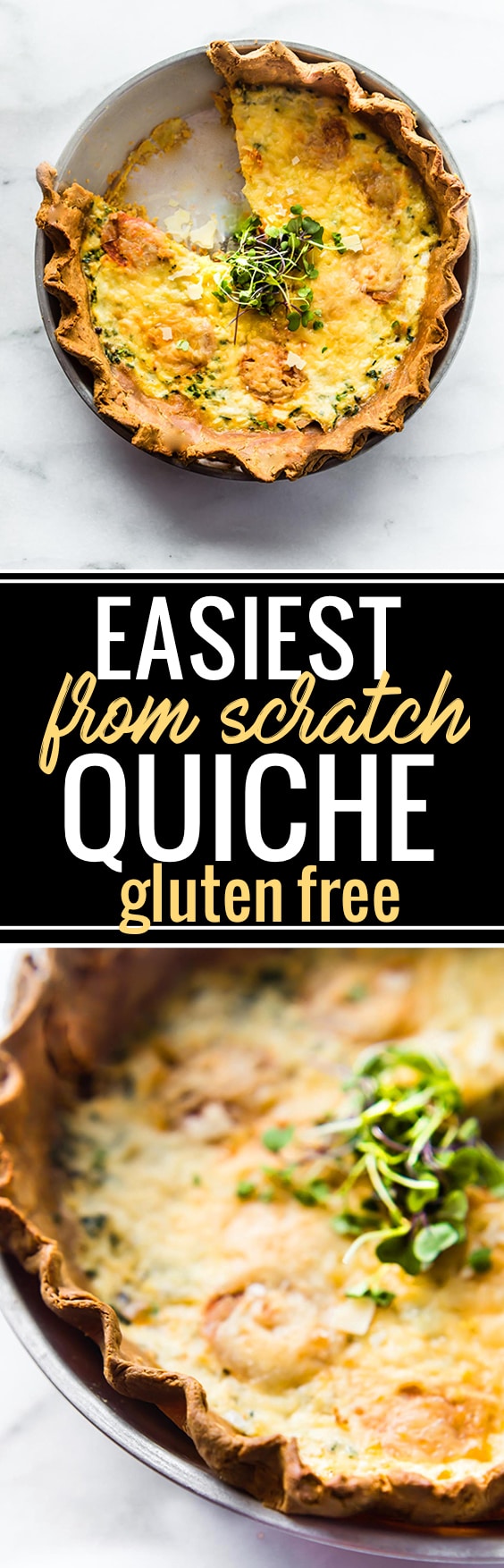 A made from scratch quiche recipe that's easy and gluten free! This quiche takes less than an hour to make, minimal ingredients, and SUPER tasty! Perfect for the holiday brunch. www.cottercrunch.com @cottercrunch