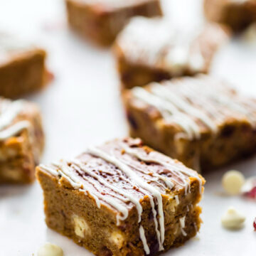 healthy pumpkin bars with cranberries and white chocolate