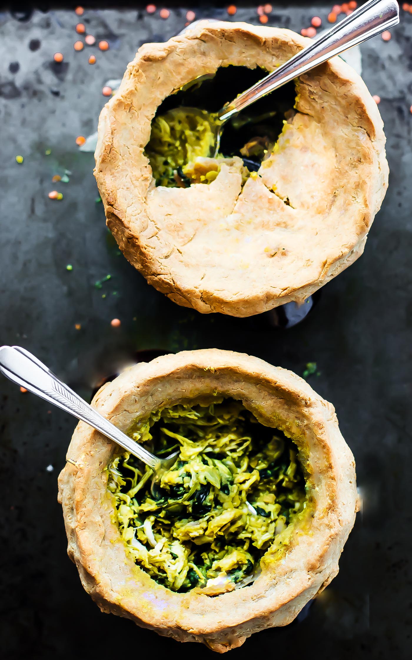 gluten free pot pies filled with roasted chicken, creamy lentils and spinach