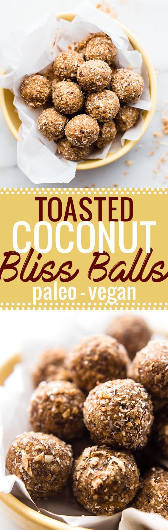 Toasted Coconut Bliss balls. A quick sweet and salty snack ball recipe made with cinnamon toasted coconut, dates, cashews, and cinnamon! The perfect bite size healthy treat that's Paleo and Vegan friendly. Crunchy, chewy, and naturally sweetened. www.cottercrunch.com @cottercrunch