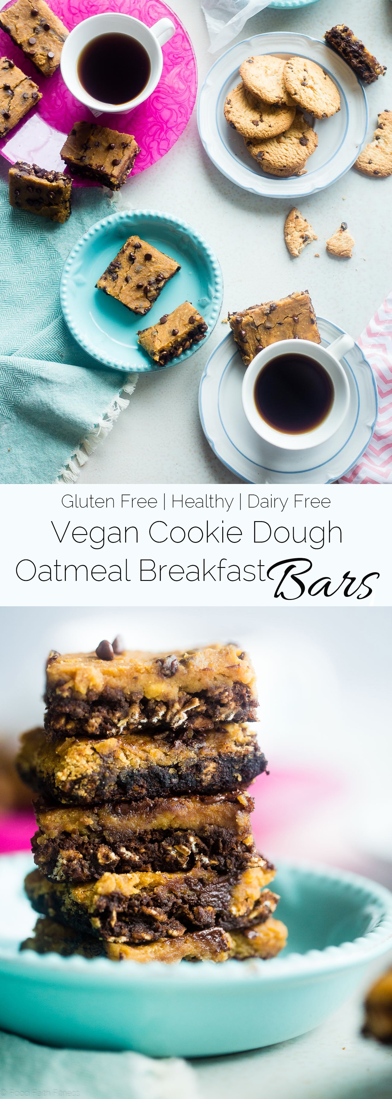 These Vegan Cookie Dough Oatmeal Breakfast Bars are perfect for an healthy grab and go breakfast. Plus they taste like cookie dough! Packed with real food plant based protein, chocolate chips, and gluten free oats. A healthy breakfast that tastes like dessert! YUM! www.cottercrunch.