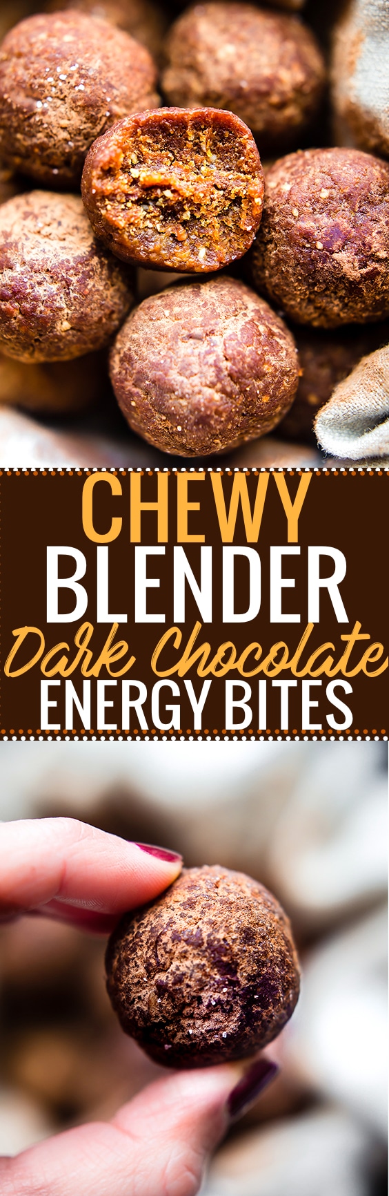 Chocolate Chewy Energy Bites made right in your blender! These dark chocolate energy bites are just 5 ingredients, sweet, chewy, and absolutely delicious! Paleo, Vegan, and Whole 30 friendly! An energizing chewy snack that perfect for anytime of day! @vitamix @cottercrunch www.cottercrunch.com