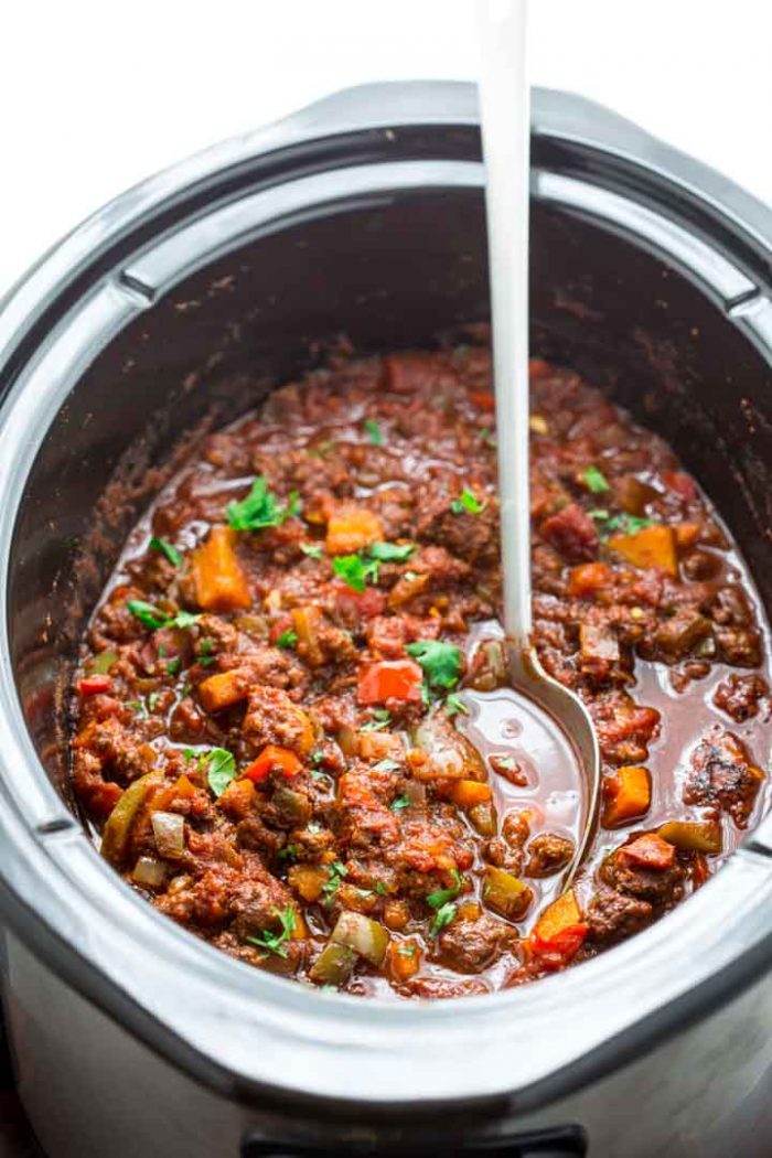 paleo beef chili sitting in a slow cooker