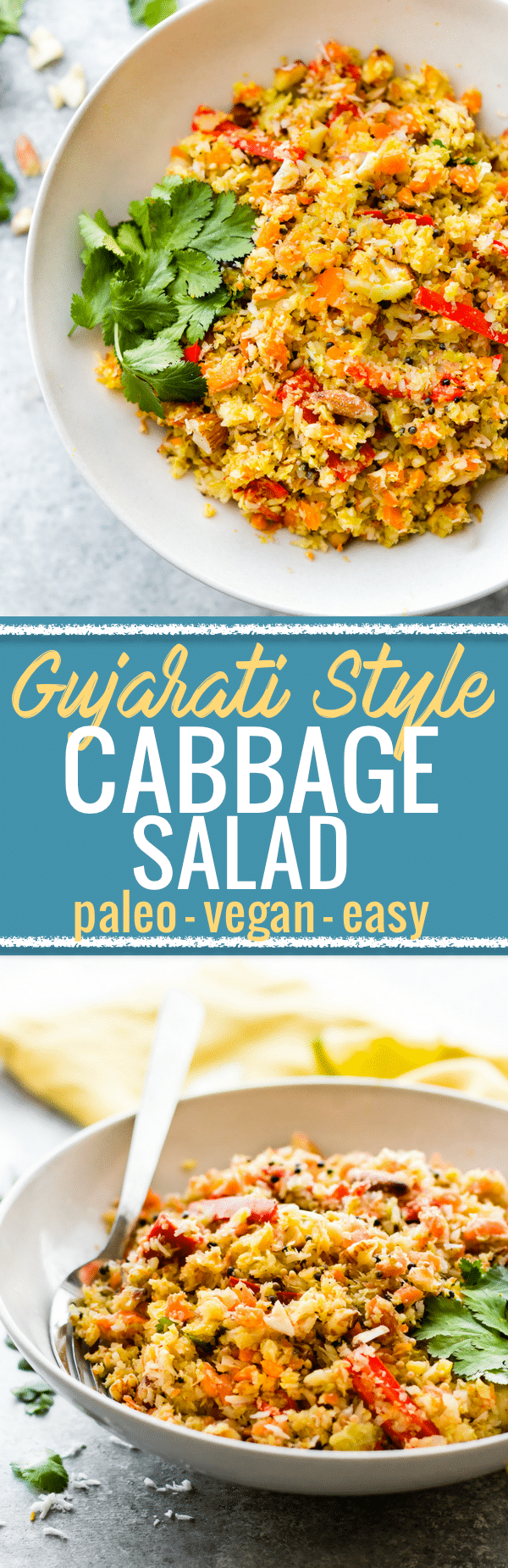 Gujarati Style Coconut Almond Warm Cabbage Salad is a healthy plant based dinner side or main! A spicy, sweet, crunchy, flavorful Indian inspired cabbage salad to enjoy at any meal. Pot luck friendly and easy to make! Paleo, Vegan, and even a Whole 30 option www.cottercrunch.com