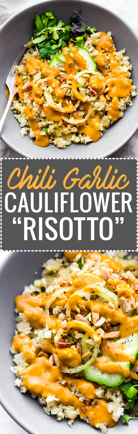 Two images chili garlic cauliflower risotto served in bowls topped with orange sauce