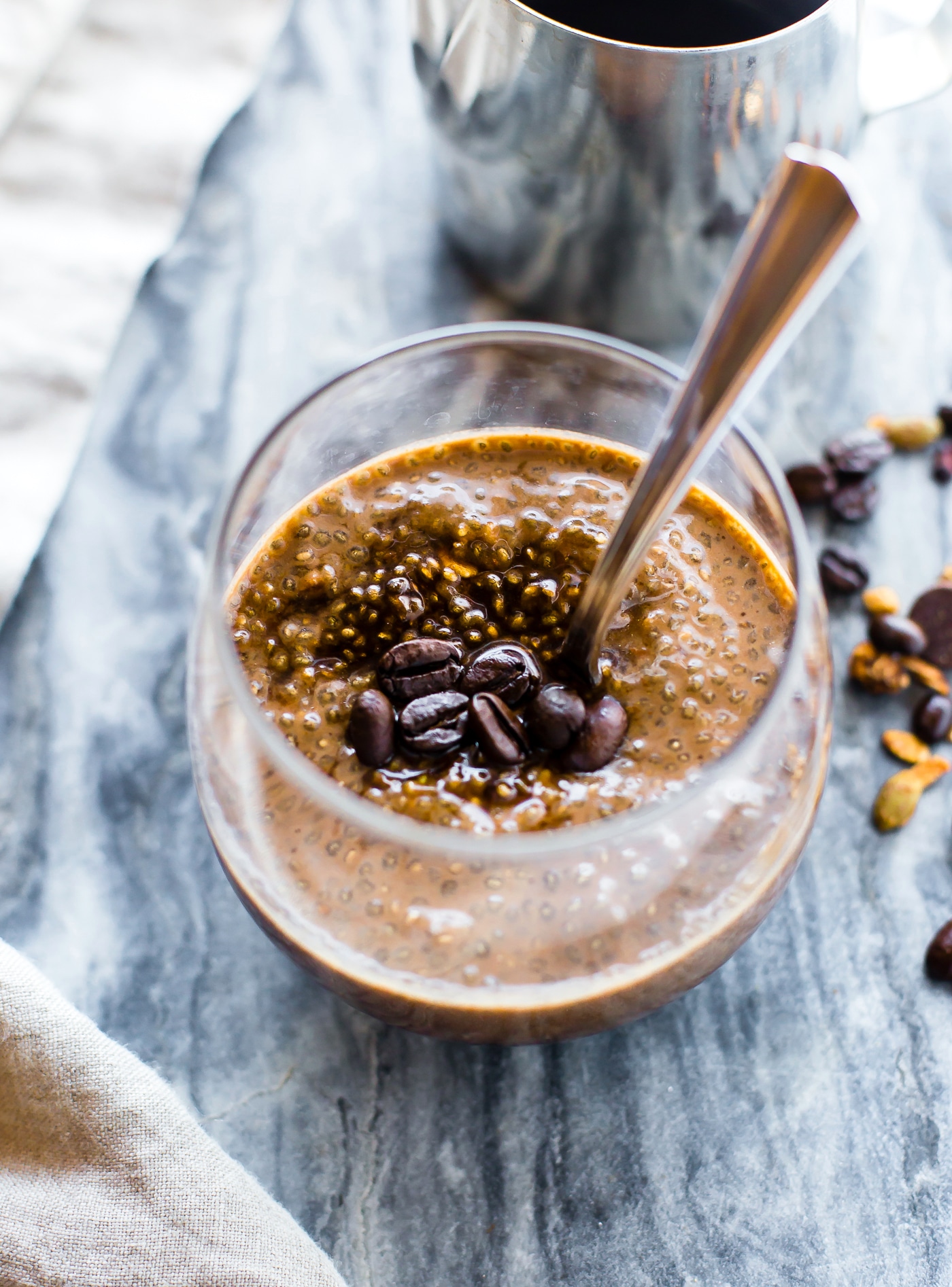 Vegan Latte Overnight Protein Chia Pudding! Delicious and healthy chia seed pudding packed with plant based protein and a kick of caffeine/coffee. This protein pudding makes for a nutrient dense breakfast that’s naturally gluten free and easy to make ahead!