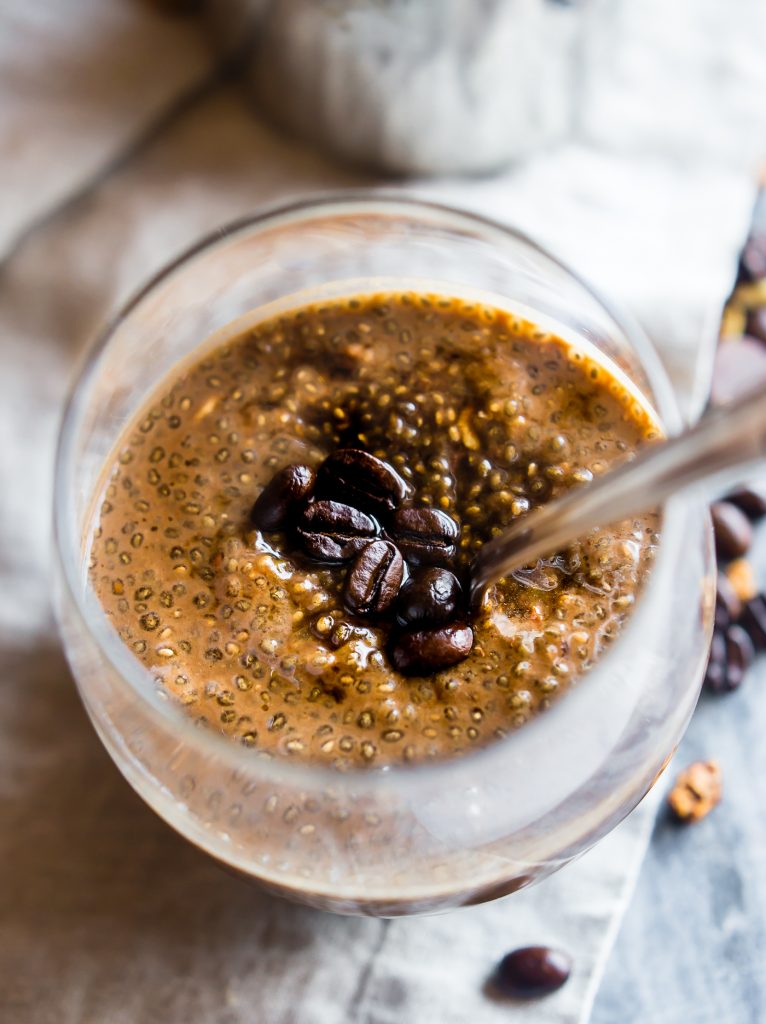Vegan Latte Overnight Protein Chia Pudding! Delicious and healthy chia seed pudding packed with plant based protein and a kick of caffeine/coffee. This protein pudding makes for a nutrient dense breakfast that’s naturally gluten free and easy to make ahead! 