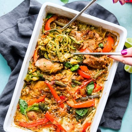 Drunken Chicken Zoodle Casserole takes a spin on the original Pad kee mao Asian stir fry and puts it in casserole form. A paleo zucchini noodle casserole with tons of flavor, Thai spices, and simple healthy ingredients! A delicious, light, high protein, low carb recipe.
