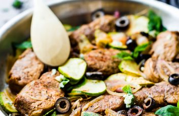 Mediterranean Marinated Balsamic Pork Loin Skillet with vegetables makes for an easy one pan meal!