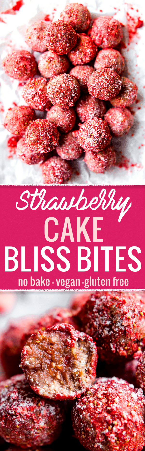 These Vegan No Bake Strawberry Cake Bliss Bites are the bite size healthy dessert. Just dried Strawberries, cashew cream, gluten free granola/flour, and a sweet jam filling! Tart and tasty! A vegan cake bite that requires no baking, just blissfully nourishing. Paleo friendly. www.cottercrunch.com