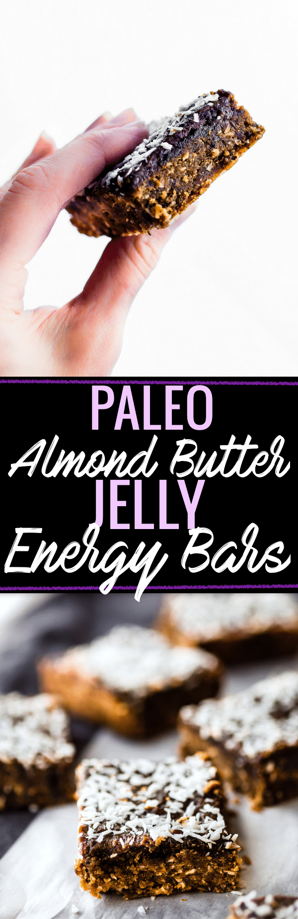 TThese Paleo Almond Butter Jelly Energy Bars are one of our favorite bars that fuel us for workouts and snacking on the go. Made with few ingredients; no oils and no sugar added. Blended and Baked in just 30 minutes, Which makes them pretty amazing! So chewy and flavorful that you'd never know they were healthy. Freezer friendly. www.cottercrunch.com