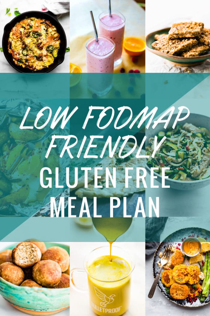 Collage of low FODMAP friendly gluten free recipes for a meal plan with text overlay