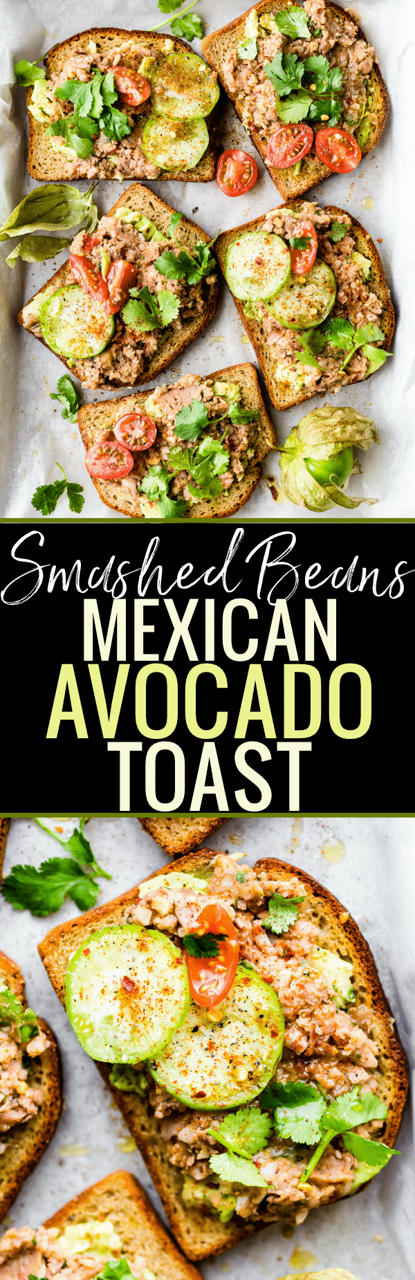Gluten Free Smashed Mexican Beans Avocado Toast recipe! A heartier yet Healthy take on Avocado Toast Recipes. This Fully Loaded MEXICAN style avocado toast is Vegan Friendly and loaded with Flavor!! A simple, yet spicy, meatless meal, breakfast, or even a quick appetizer. www.cottercrunch.com