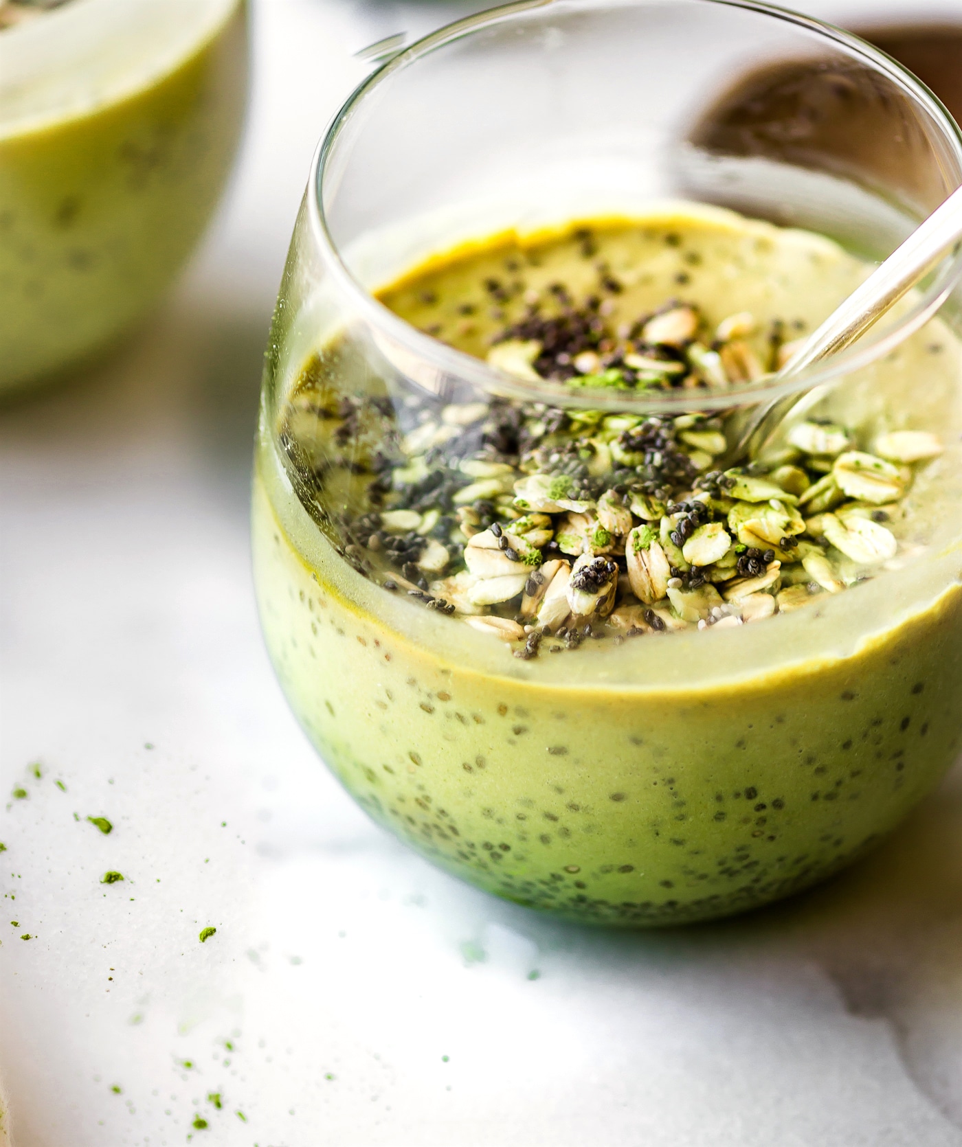 Matcha Overnight Breakfast Smoothie in a glass