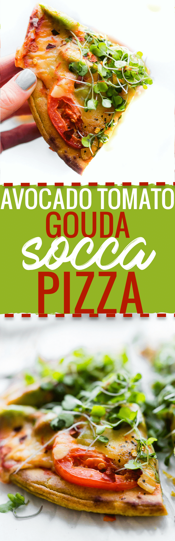 This Avocado Tomato Gouda Socca Pizza recipe is gonna make you fall in love WITH pizza even more! Grain free, gluten free, Seriously easy to make, egg free, vegan option, delicious! www.cottercrunch.com