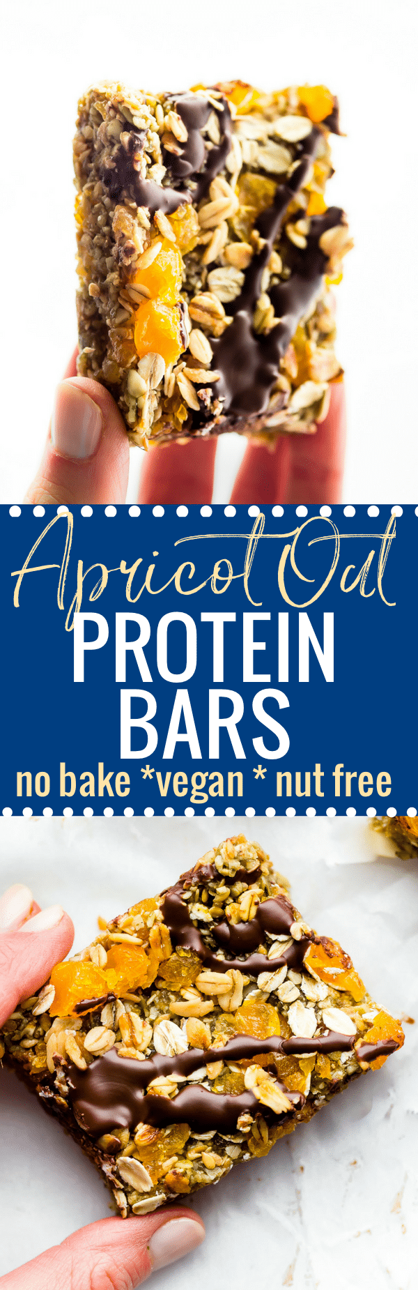 These No Bake Apricot Oat Protein Bars are easy to make with turkish apricots, gluten free oats, protein, and seeds! The perfect nutritious protein packed snack or breakfast to go! Sweet, salty, chewy, and dense! A Wholesome homemade protein bar recipes that's nut free, vegan, and naturally sweetened! www.cottercrunch.com