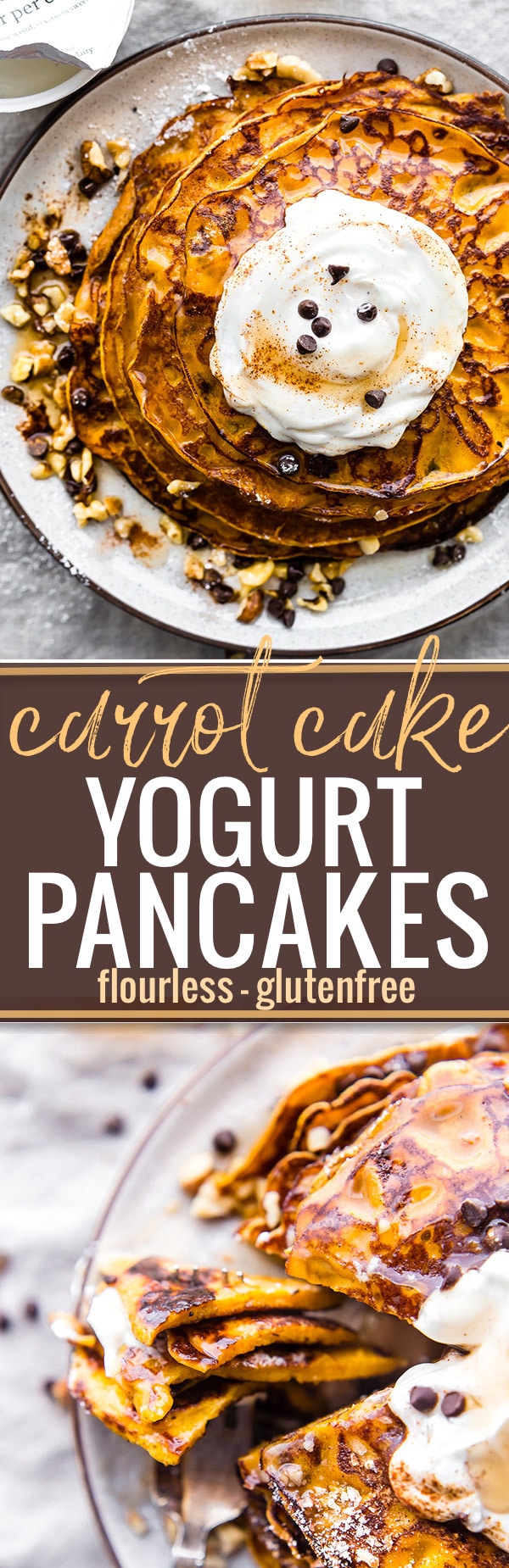 A Flourless Carrot Cake Yogurt Pancakes recipe that’s perfect for breakfast or brunch. These Flourless Carrot Cake Yogurt Pancakes are too good to be true! Made with siggi’s vanilla yogurt, making them lower in sugar, gluten free, and protein packed! An easy blender recipe. @siggisdairy #sponsored