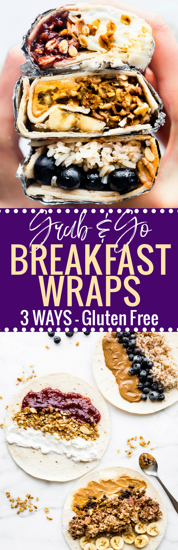These sweet Gluten Free breakfast wraps are the perfect grab and go breakfast! Portable, freezer friendly, and filled with wholesome simple ingredients! Literally a healthy breakfast bowl wrapped up to go, 3 ways! Healthy breakfast wraps will satisfy your hunger and busy schedule. www.cottercrunch.com #udisglutenfree