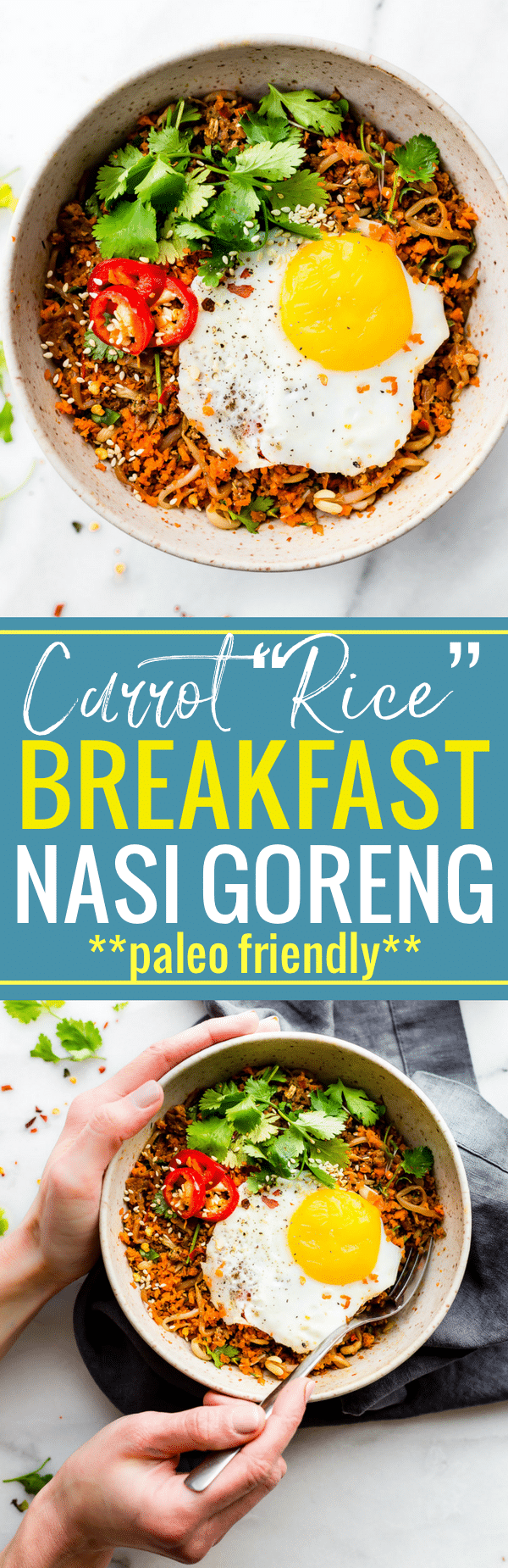 This Quick Carrot Rice Breakfast Nasi Goreng is the perfect way to utilize those leftover veggies! A stir fried "carrot rice" mixed with egg and sausage. A Indonesian style breakfast Nasi Goreng that's paleo friendly, super flavorful, and packed full of protein and veggies! Cook and serve all in 30 minutes! www.cottercrunch.com