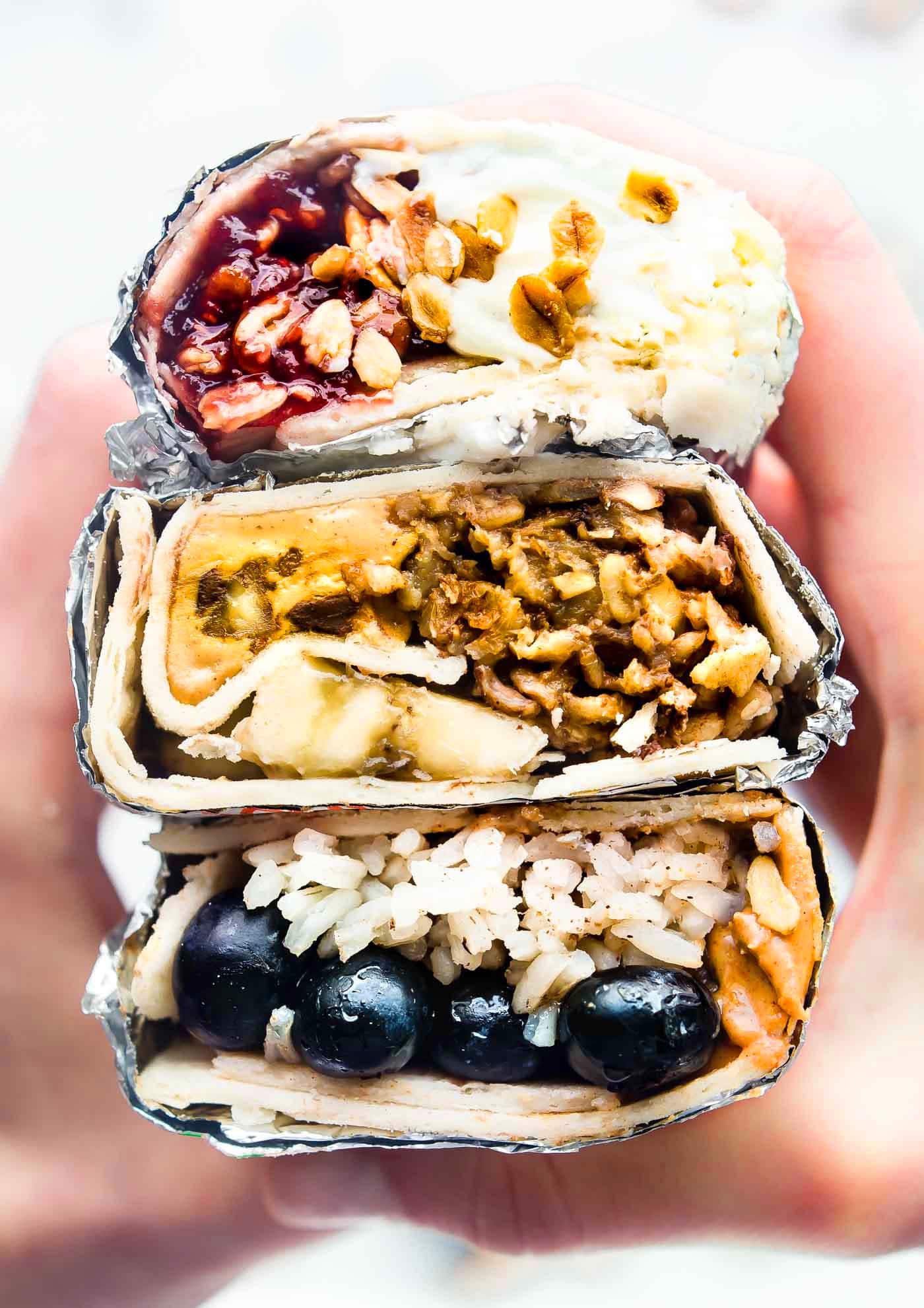 stack of 3 gluten free breakfast wraps with wholesome, healthy ingredients in them