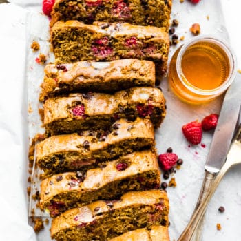 Raspberry chocolate chip pancake bread cut into thick slices.