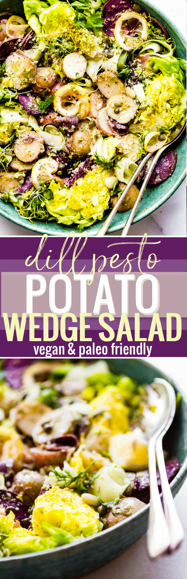 Dill Pesto Potato Wedge Salad makes a healthy side dish for your next barbecue! A crunchy wedge salad and vegan potato salad tossed a homemade dill pesto. www.cottercrunch.com