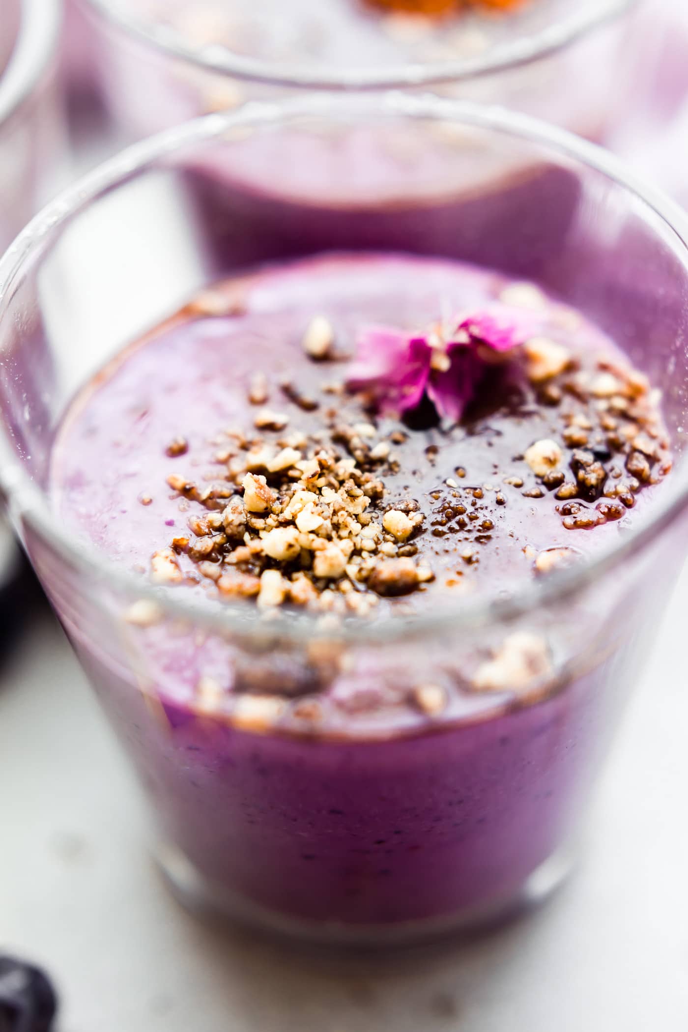 Berry Mini Cheesecake Smoothies packed with protein, wholesome ingredients, & vegan option. No protein powder needed. A tasty breakfast or healthy dessert!