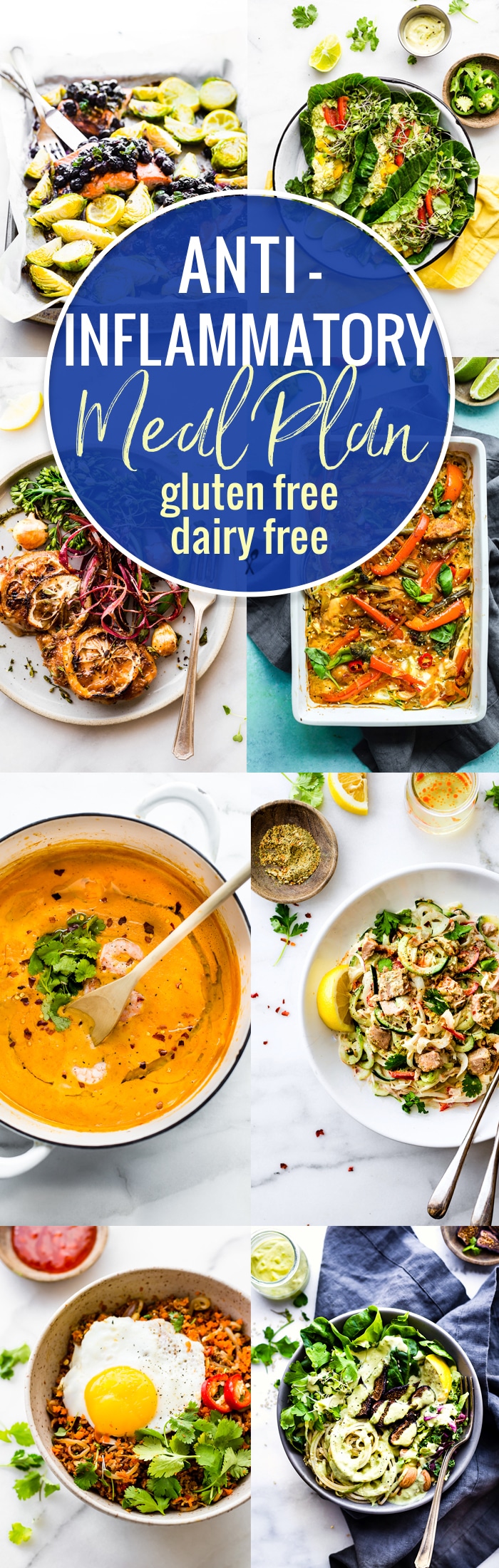 Food plays an key role in reducing inflammation in the body, so here’s a dairy free and gluten-free anti-inflammatory meal plan. It’s full of recipes that are nourishing for the mind and body! Simple, delicious, and rich in foods that are known for their anti-inflammatory properties. Vegan, Paleo, and Whole 30 friendly options. www.cottercrunch.com