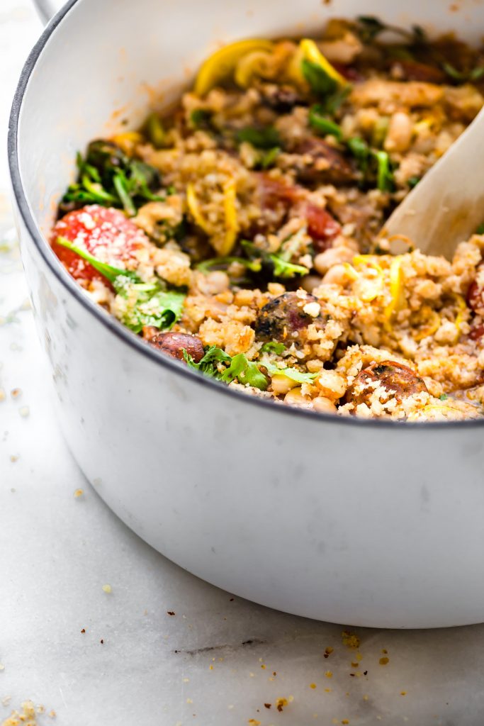 QUICK SAUSAGE CASSOULET WITH GLUTEN FREE ENGLISH MUFFIN BREADCRUMBS! Super easy one-pot meal! It's great for meal prep, a hearty breakfast, or a wholesome dinner!