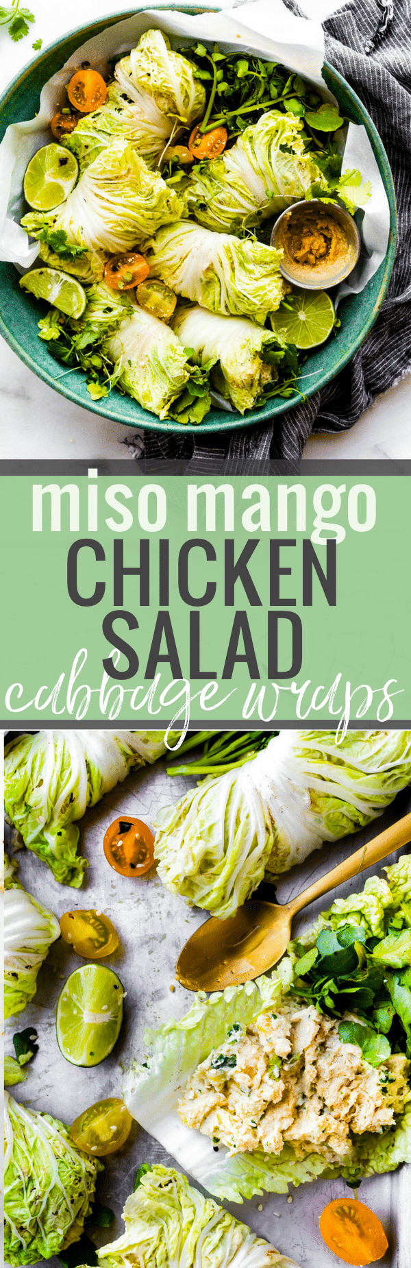Miso Mango Chicken Salad Cabbage wraps are a light low carb lunch that's easy to make! A mango chicken salad that's mayo free, paleo friendly, flavorful! pread the miso mango chicken salad mixture over napa cabbage, add a little bit of watercress, then firmly roll up! www.cottercrunch.com