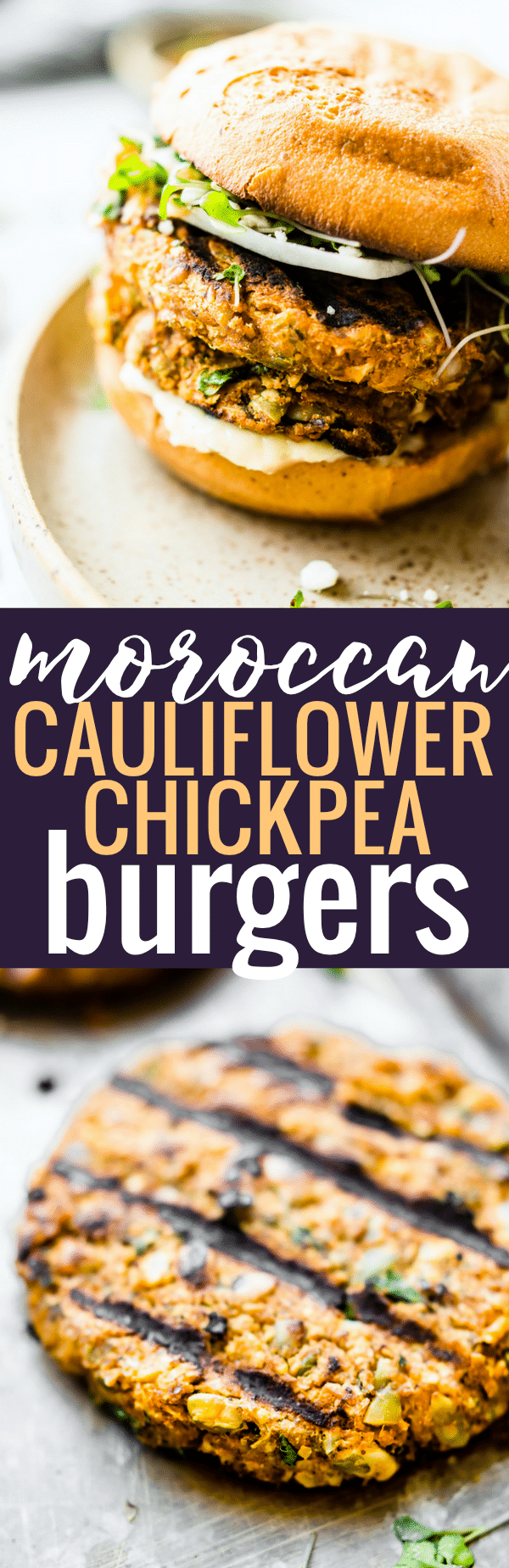 GRILLED MOROCCAN CAULIFLOWER CHICKPEA BURGERS! Flavorful veggie-packed chickpea burgers made with plant based ingredients and served on gluten free hamburger buns! This is one killer gluten free veggie burger recipe you can make on the grill or in the oven! www.cottercrunch.com
