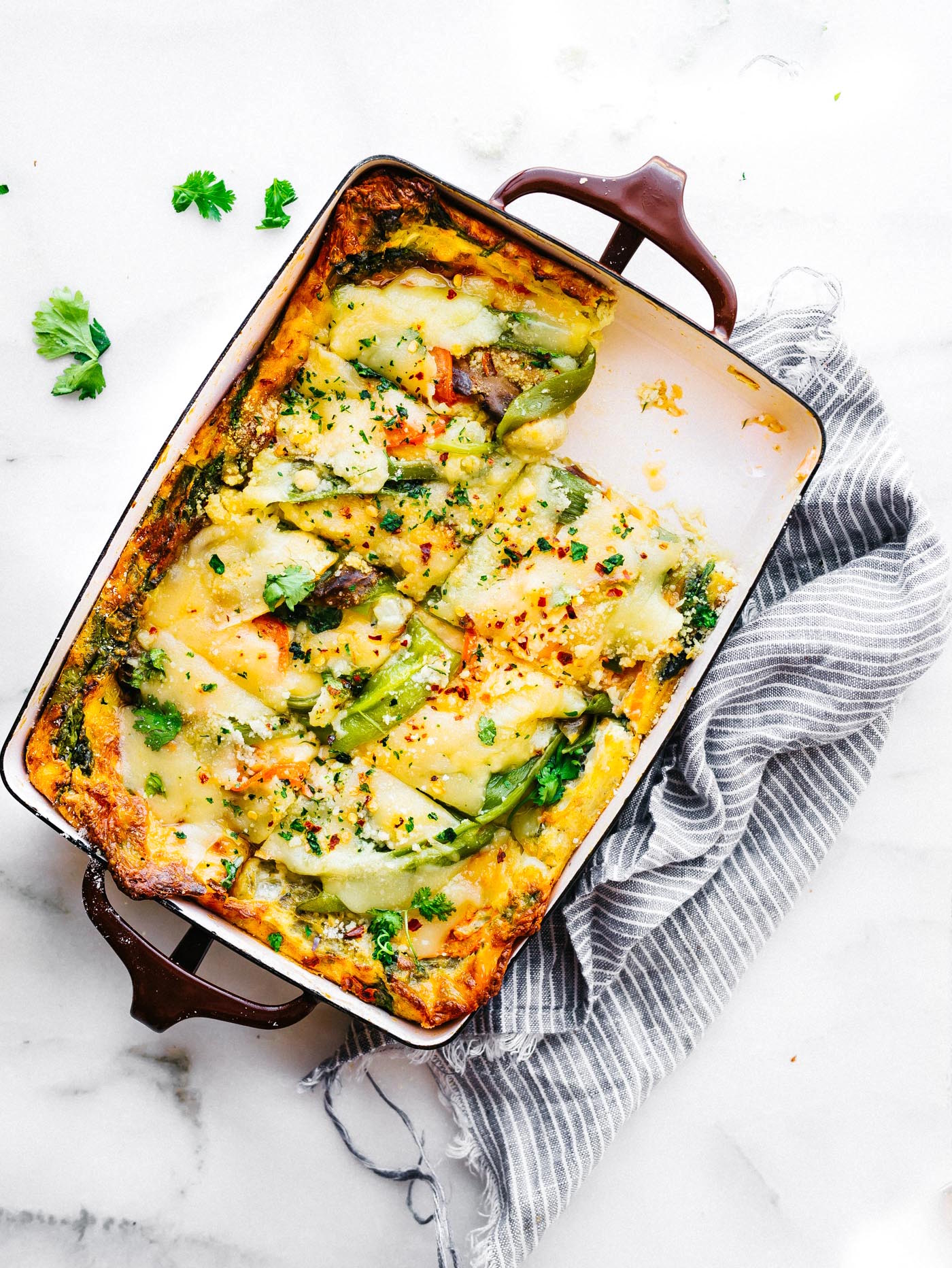 Roasted Hatch Green Chile Egg Casserole in a casserole dish