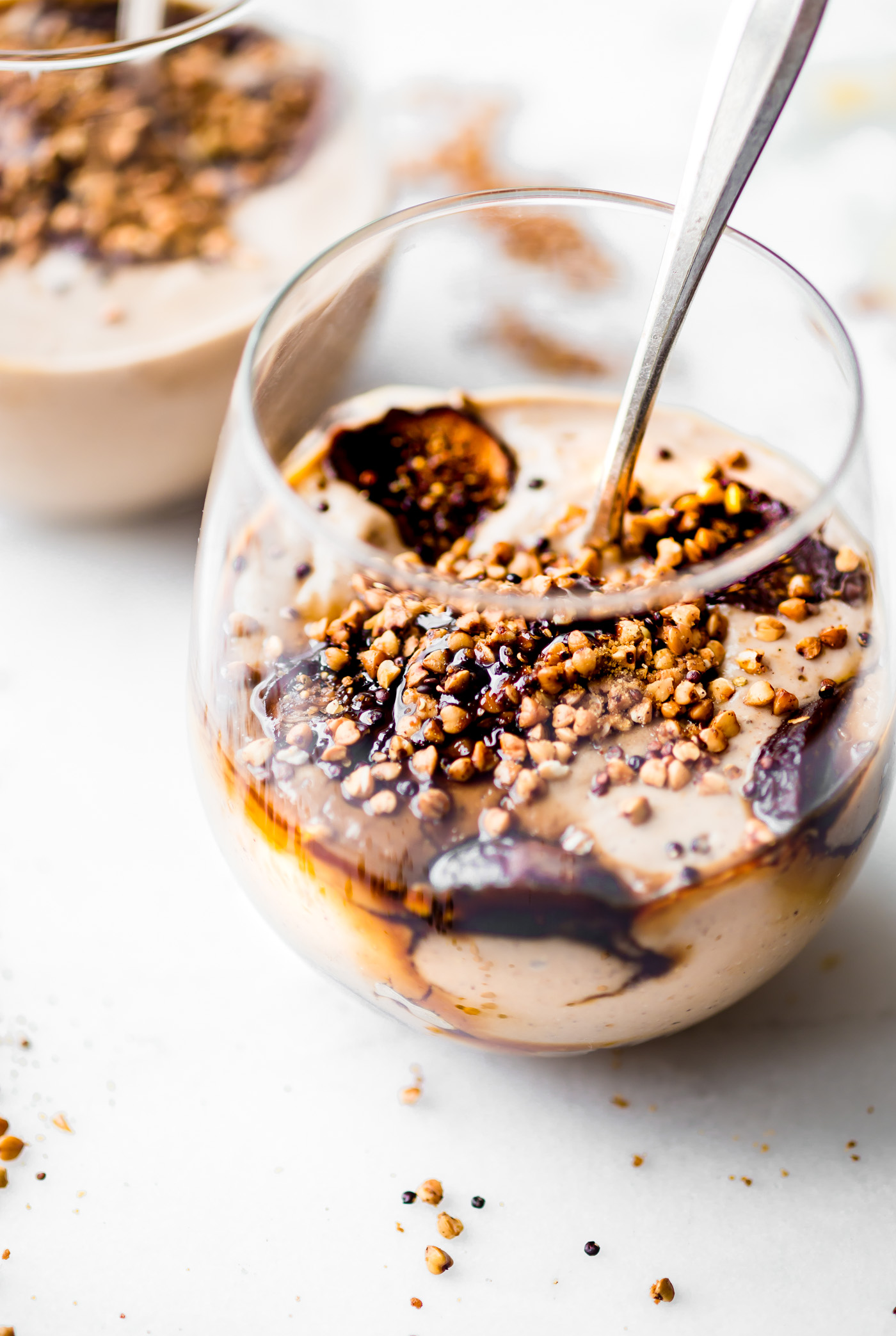 Creamy Fig Yogurt Breakfast Parfait Cups! A healthy gluten-free breakfast with a fiber boost! A Blended Yogurt Cup with dried Figs, chia seed, a drizzle of molasses, and a cinnamon toasted Buckwheat topping! Ya'll, this is so heavenly! Simple ingredients, energizing, quick to make, and oh so good! 