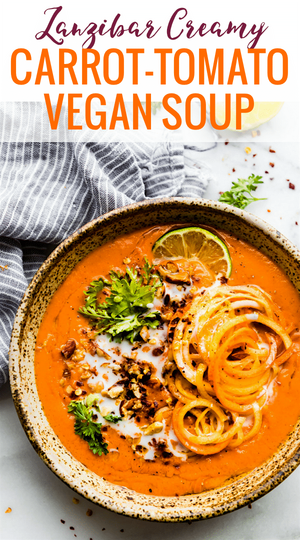 Creamy Zanzibar carrot-tomato soup is an African Inspired dairy free bisque. Peeled tomatoes, carrots, spices, coconut milk, and curry paste. Paleo, Vegan.