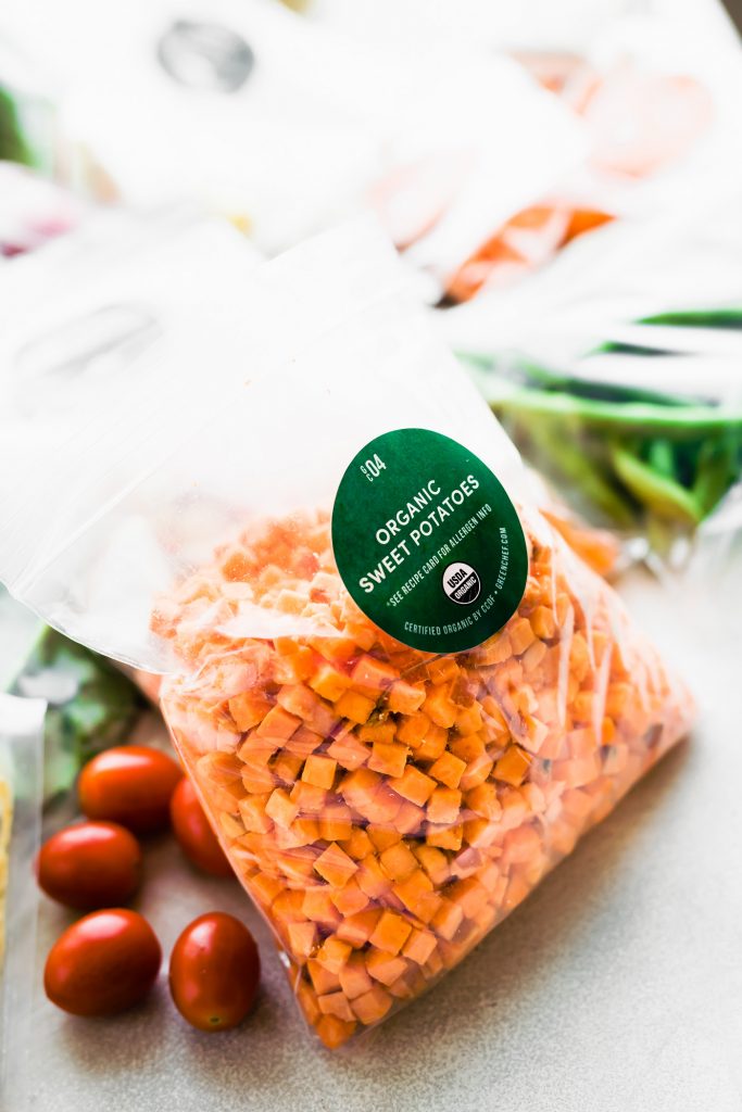 Diced sweet potatoes in clear bag with label