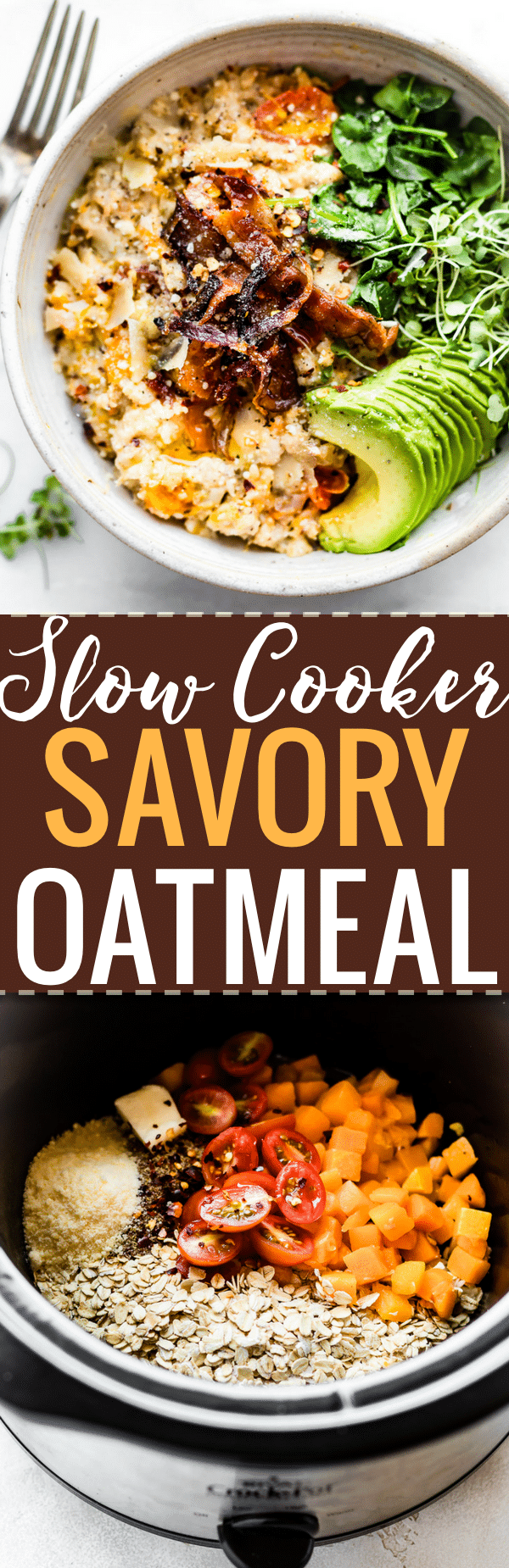 Stone bowl with serving of slow cooker oatmeal topped with crispy bacon and avocado