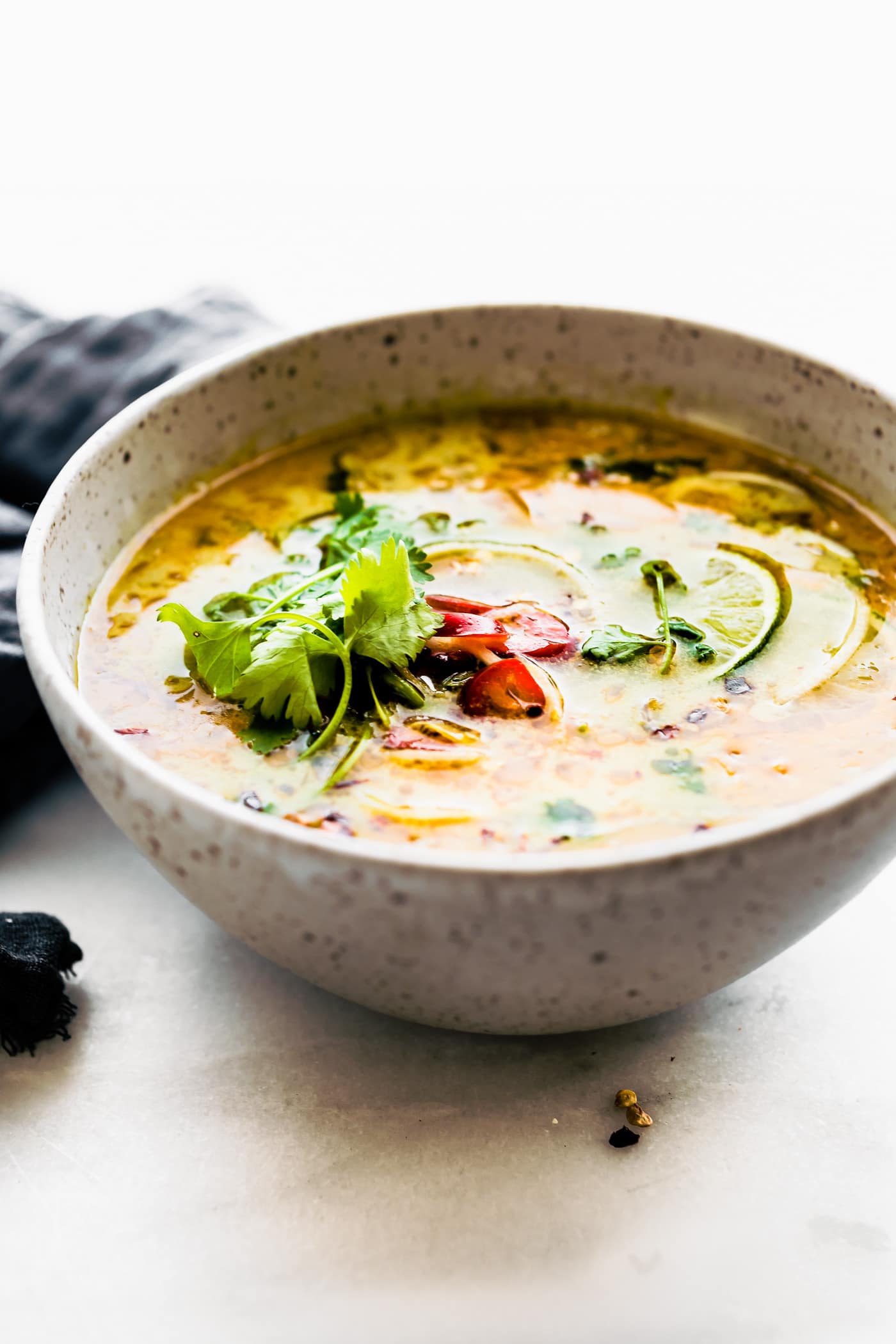 Stone bowl filled with Thai coconut cabbage soup