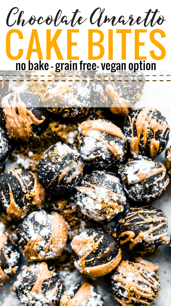 Several dark chocolate amaretto cake bites drizzled with almond butter and dark chocolate with text overlay.