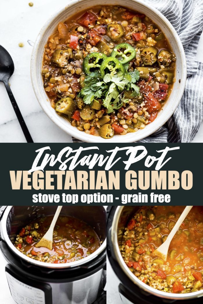 This vegetarian instant pot gumbo recipe is quick and easy to make. A wholesome vegan dinner that feeds a crowd. Rich in plant based protein, with the addition lentils, this gumbo is grain free, filling, and nourishing! #instantpot #gumbo #vegetarian #glutenfree #vegan