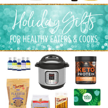 Collage of kitchen gadgets, supplements, and food for holiday gift guide.