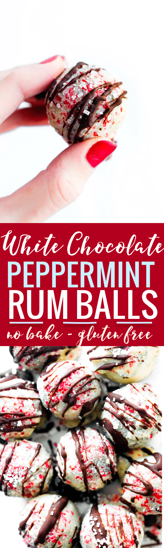 NO BAKE WHITE CHOCOLATE PEPPERMINT RUM BALLS! Think of these as truffles with a festive flare! Perfect for the holidays. Gluten free and easy to make. #nobake #holidays #dessert #glutenfree