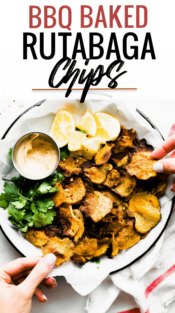 BBQ Baked Rutabaga Chips are a healthy and flavorful lower carb veggie side dish, appetizer, or snack! Rutabaga is a root vegetable that’s easy to bake and cook with, so making the baked chips recipe is easy, too! Super tasty, budget friendly, kid friendly, and naturally #paleo #vegan. PLus it's naturally #whole30 friendly.
