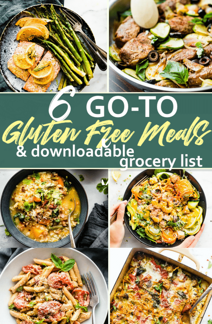 These 6 go-to gluten free meals will become your favorite must make gluten free recipes! They're easy to make, delicious, portable, and healthy, too. What's not to love? Included in this post is a handy grocery shopping list for the ingredients needed to make all 6 recipes. #glutenfree #mealplan #mealprep #healthy