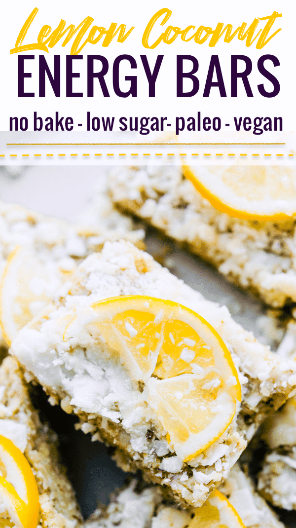 EASY LEMON COCONUT PALEO ENERGY BARS that are lower in sugar and NO BAKING required. These zesty energy bars are made with just a few simple ingredients; ground nuts, lemon zest, unsweetened coconut, and just a tiny bit of unrefined natural sugar. Perfect for the carb conscious snacker. #Vegan and #keto friendly. #paleo #bars