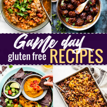 Collage of game day recipes in bowls and trays with text overlay