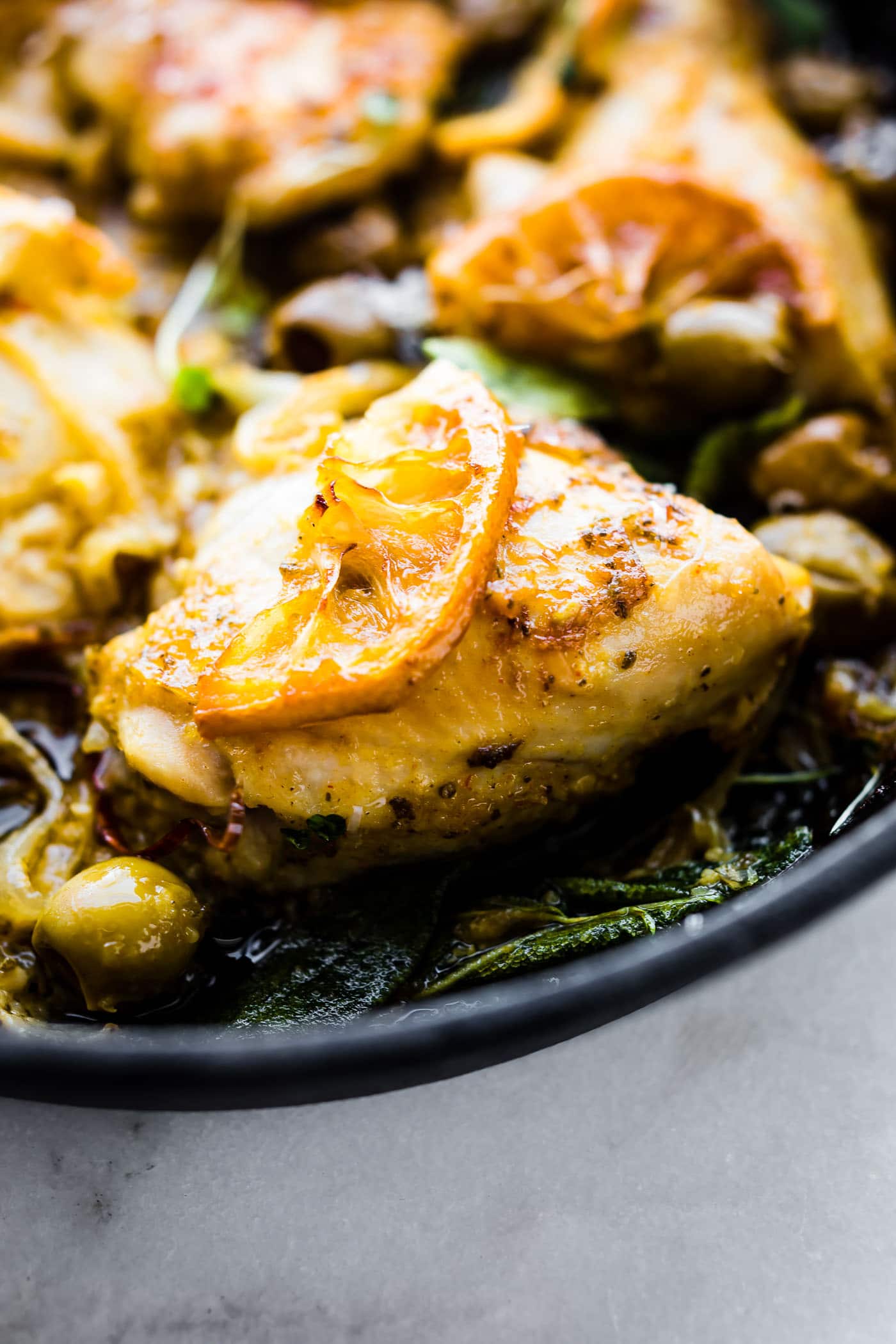 one pan lemon sage baked chicken with olives. Paleo, whole 30