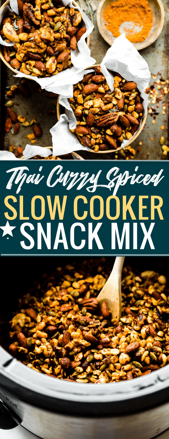 This THAI CURRY SPICED SLOW COOKER snack mix is the perfect salty sweet gluten-free snack that’s packed with flavor and superfood nutrition! Something easy to make that's healthy and great for snacks, appetizers, and on the go! #paleo #vegan #slowcooker