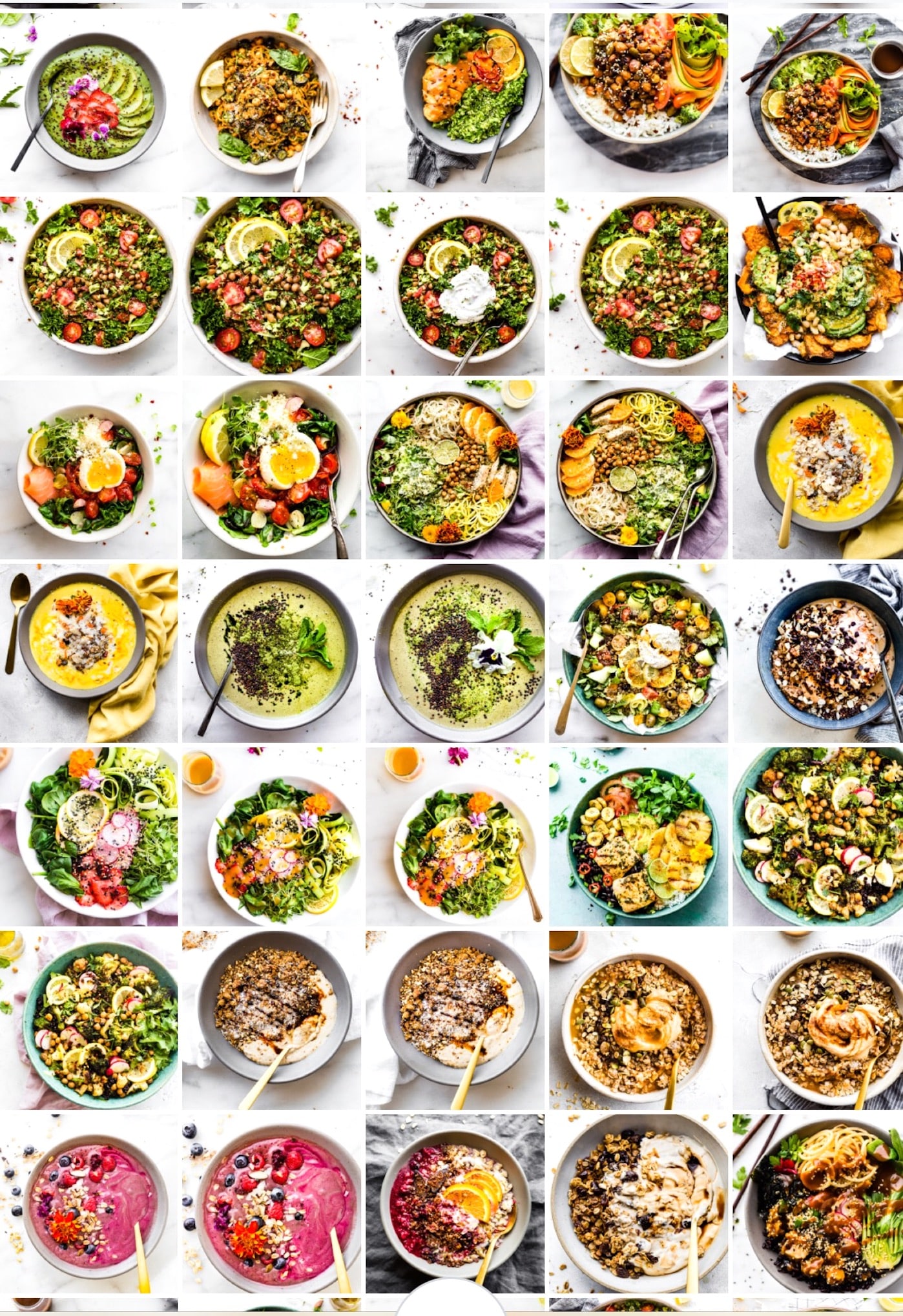 Collage of recipes in bowls from Nourishing Superfoods Bowls cookbook