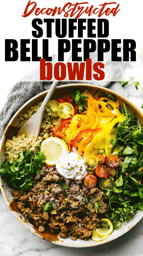 These gluten free Deconstructed Stuffed Bell Pepper Bowls are family friendly, easy to make, easy to clean up and easy to devour! The combo of lean beef and bell peppers make for one iron-boosting and antioxidant-rich bowl. Dairy free friendly and option for vegetarians included! #glutenfree #healthy #dinner #recipes
